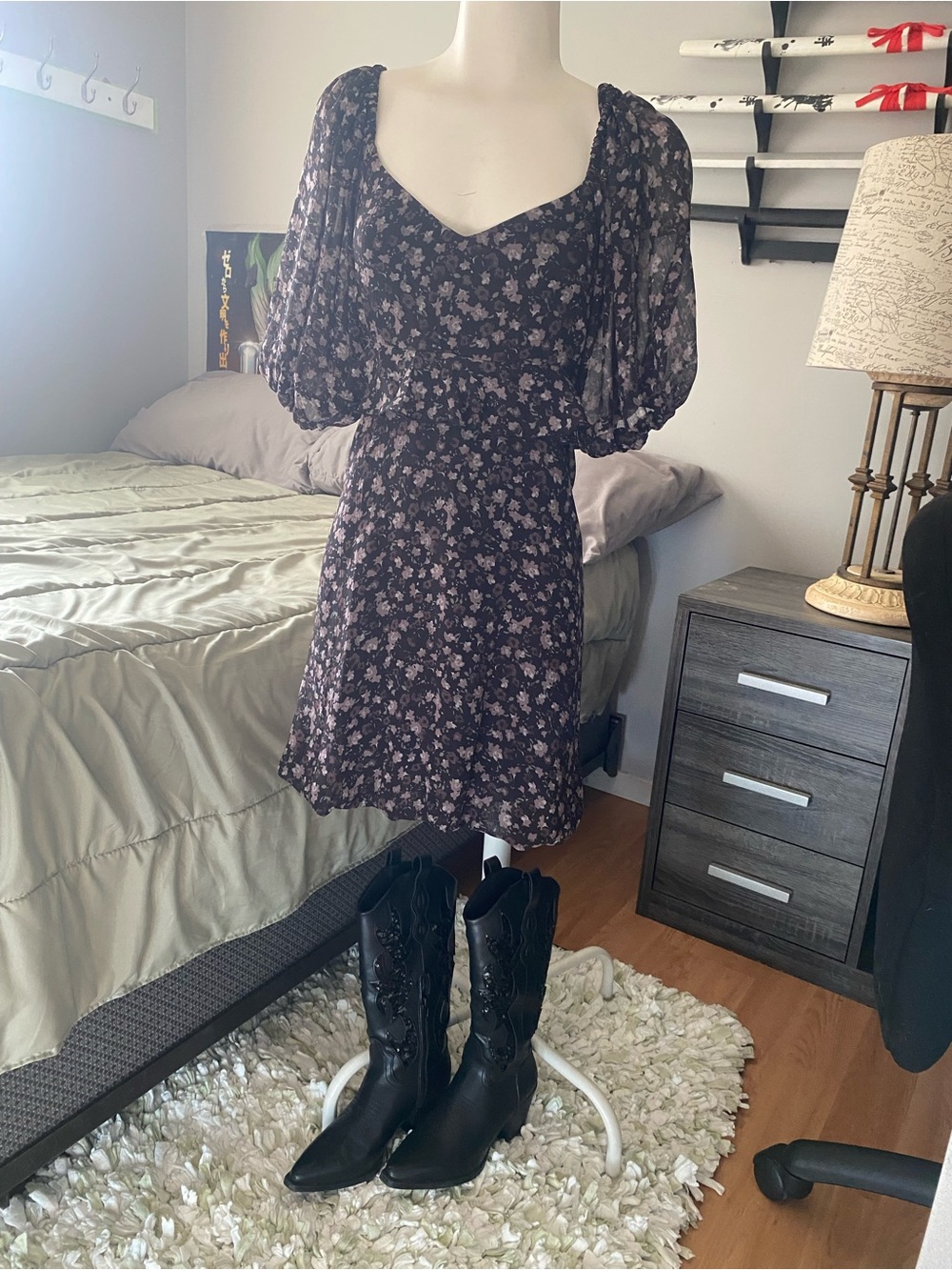 Reitmans Black Mini Dress with Pink Floral Print